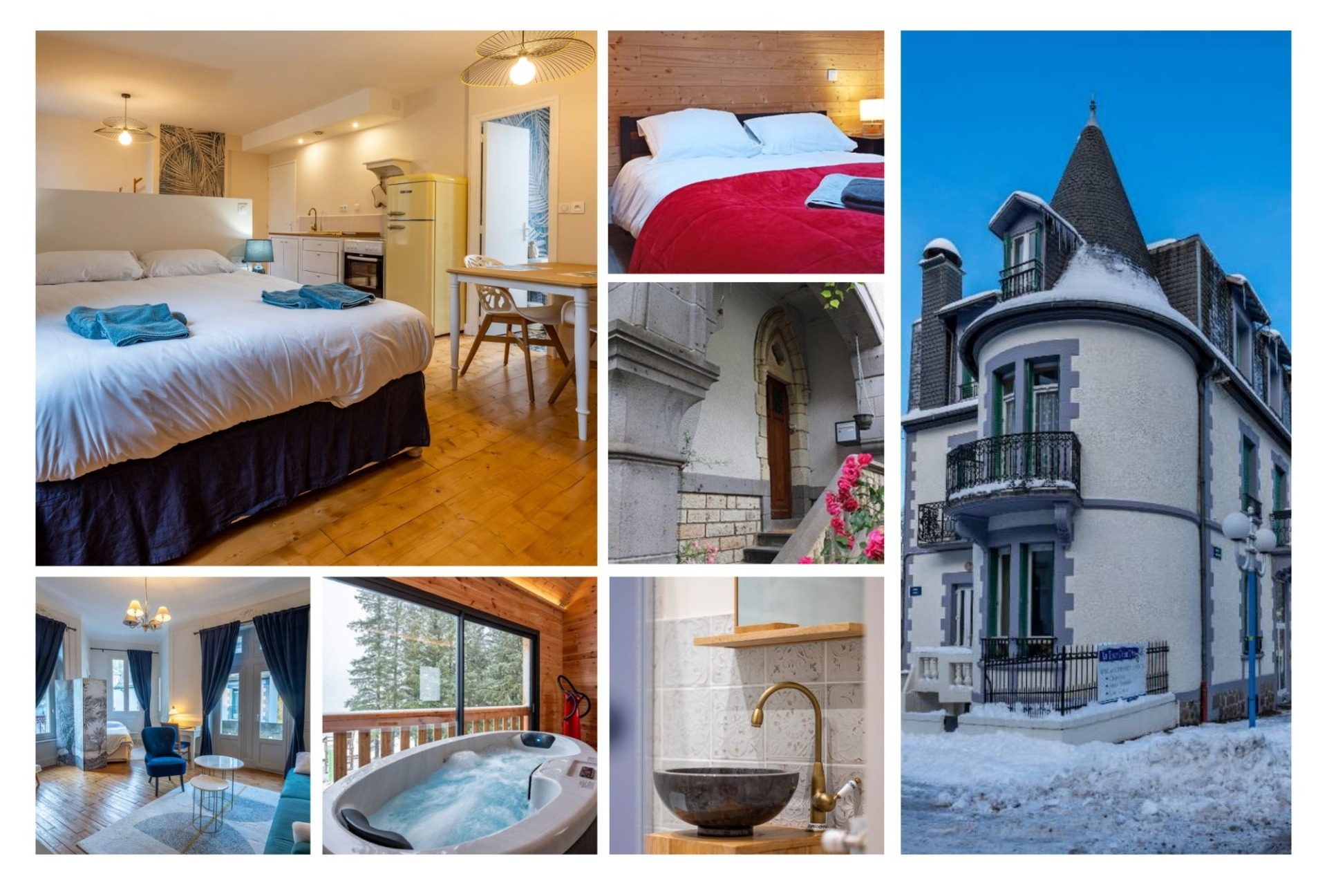 Montage photo des hébergements Tour Pom'Pin à La Bourboule : chambre, jacuzzi extérieur et façade enneigée chambres, salle de bain, jacuzzi extérieur avec vue sur les sapins, et façade enneigée
